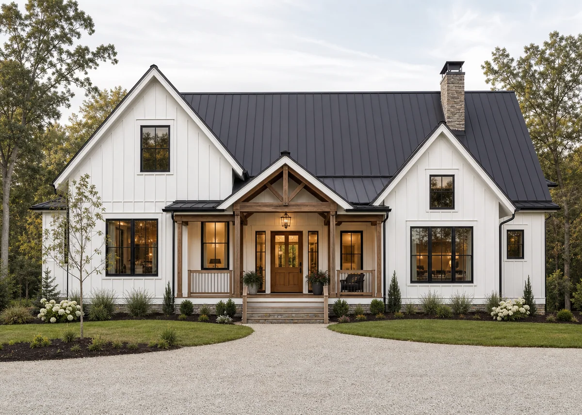farmhouse front design: Modern farmhouse front with white board-and-batten and black windows