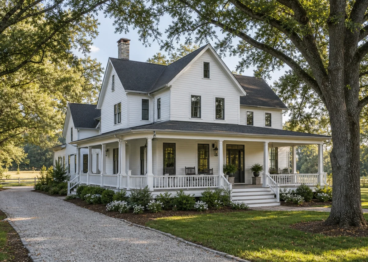 farmhouse front design: Heritage farmhouse front with wraparound porch and mature oaks