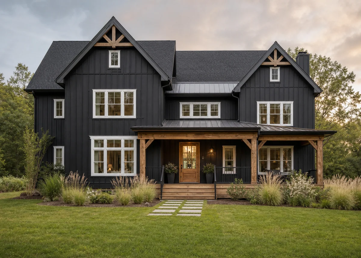 farmhouse front design: Black modern farmhouse facade with wood door and gable accents