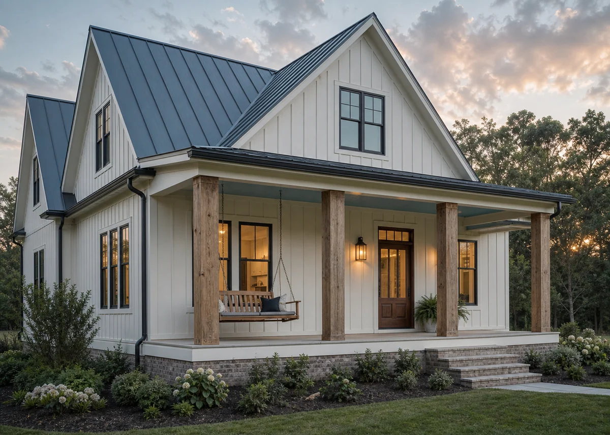farmhouse front design: Farmhouse porch with thick timber posts, blue ceiling and porch swing