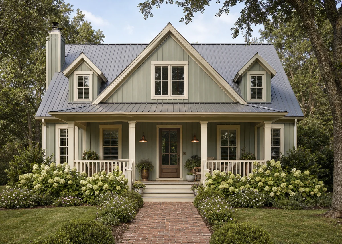 farmhouse front design: Sage green farmhouse front with cream trim and copper gooseneck lights