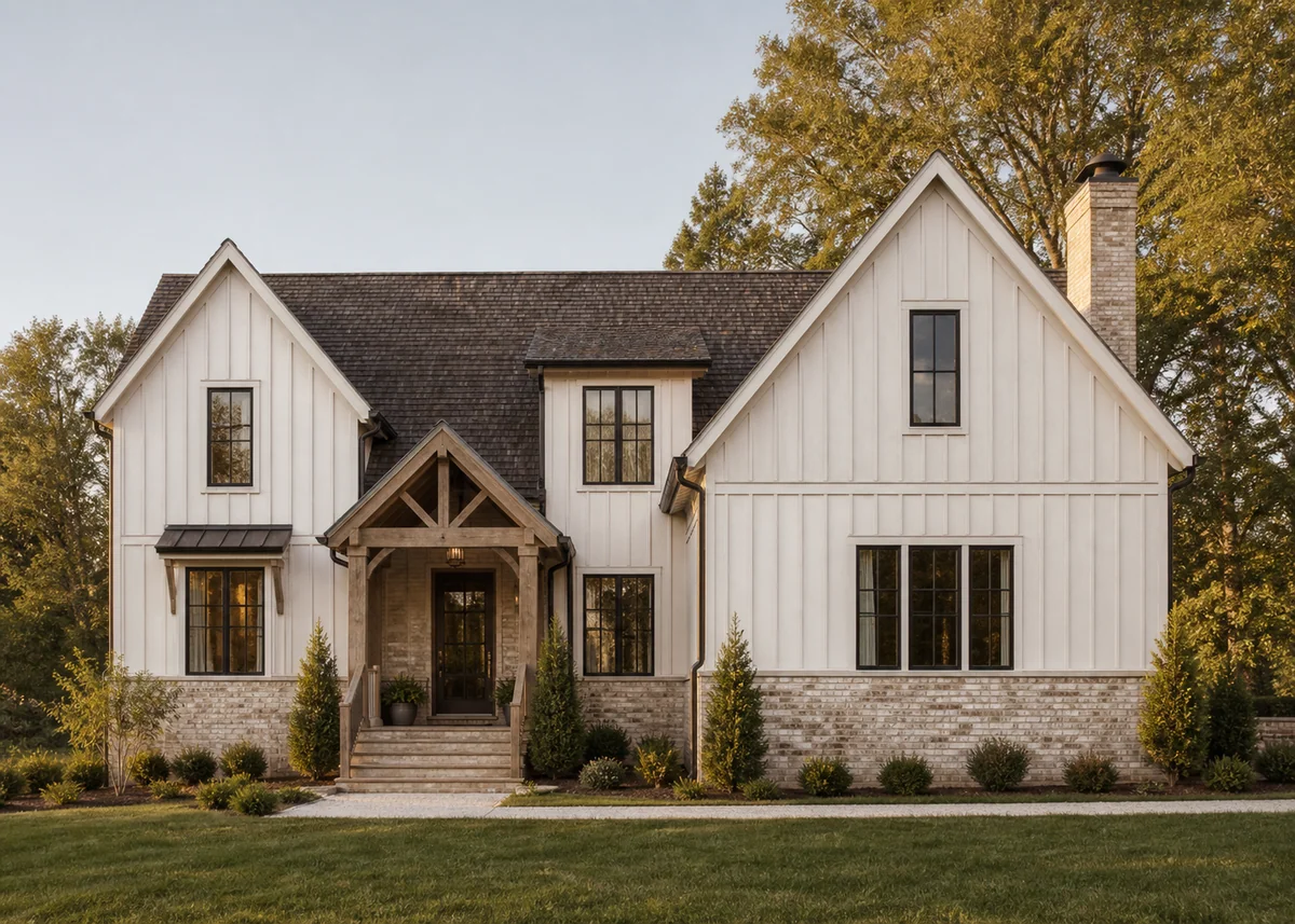 farmhouse front design: Farmhouse front with limewashed brick plinth and reclaimed timber beams