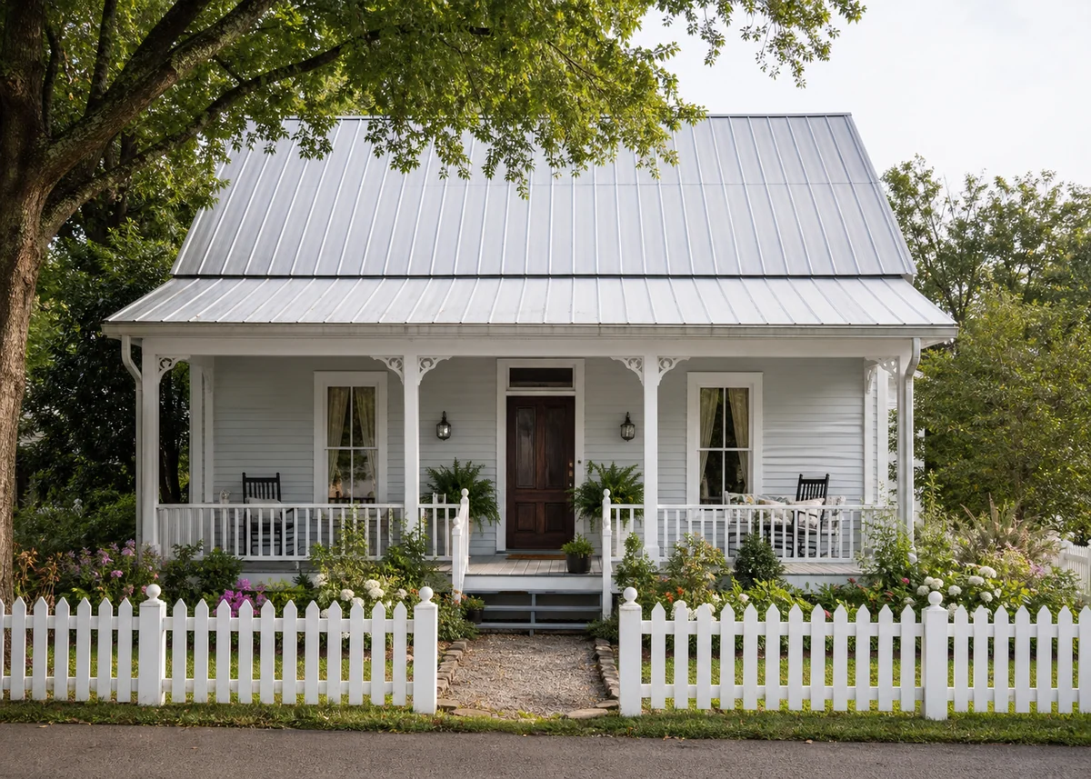 farmhouse front design: Small farmhouse cottage front with full-width porch and picket fence
