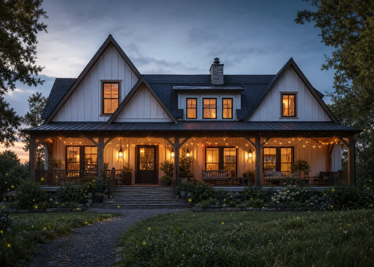 farmhouse front design: Farmhouse front at dusk with warm porch lanterns and steep gable silhouette