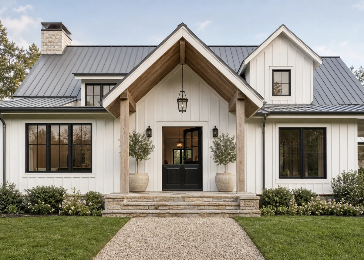 farmhouse front design: Farmhouse entry gable with cedar ceiling and black Dutch door