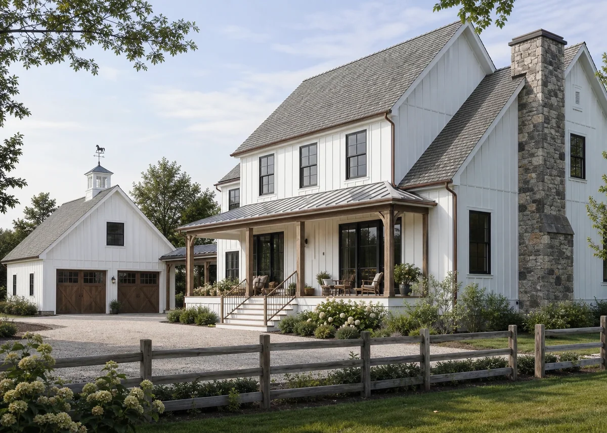farmhouse front design: Farmhouse frontage with matching garage, gravel court and cupola