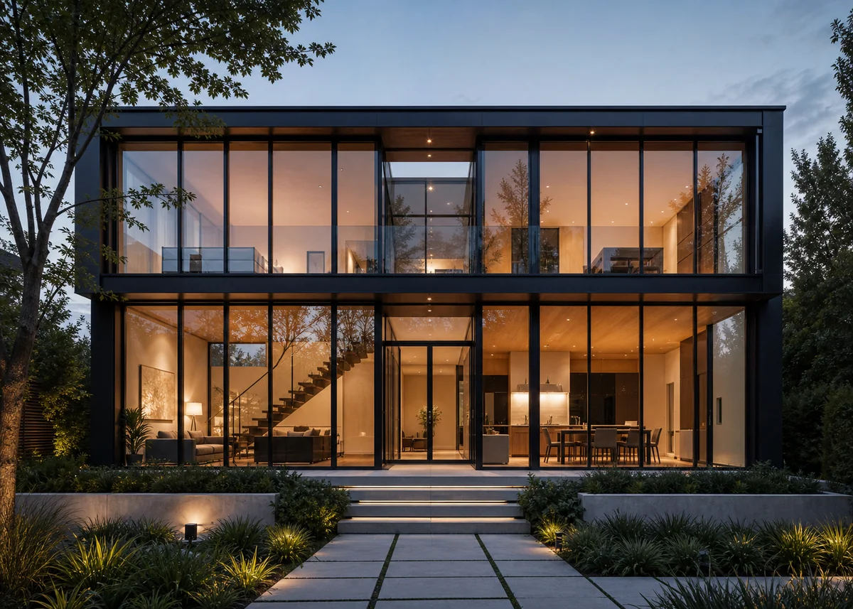 glass house front design: Two-storey glass curtain wall house front glowing at dusk