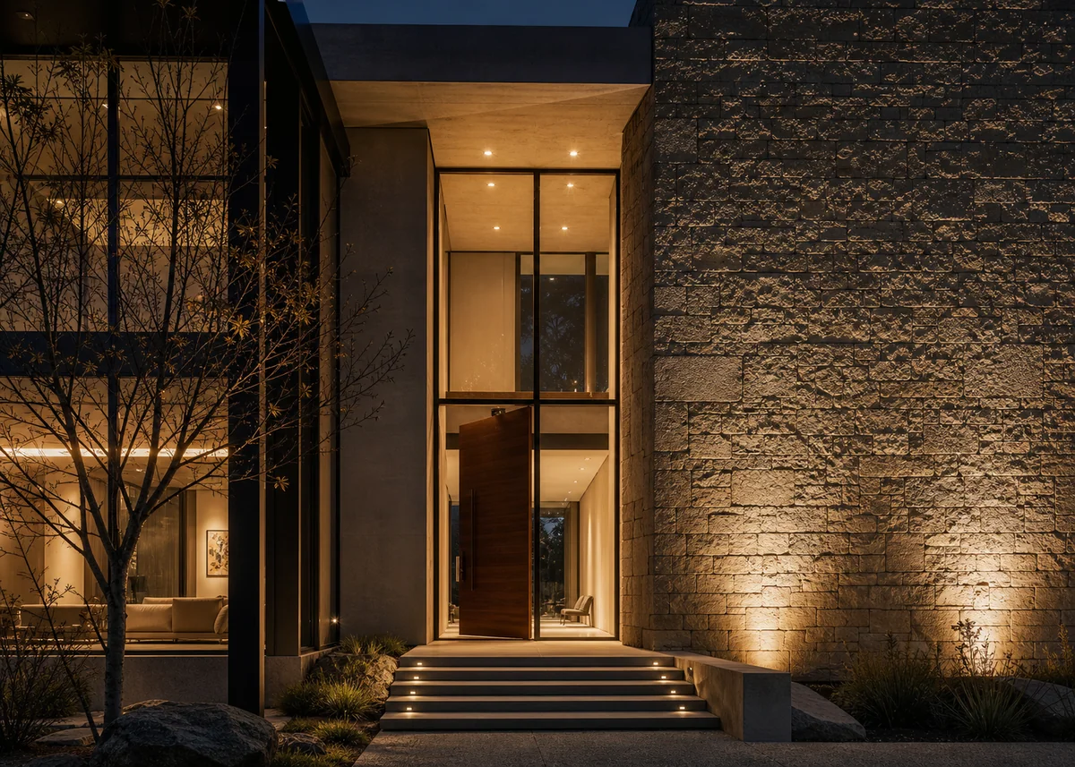 glass house front design: House front with double-height glass entry slot beside a stone wall