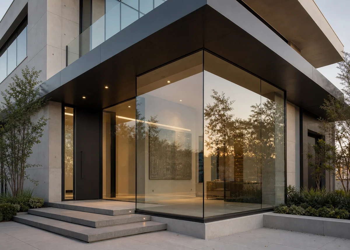glass house front design: Frameless glass corner detail on a modern house front
