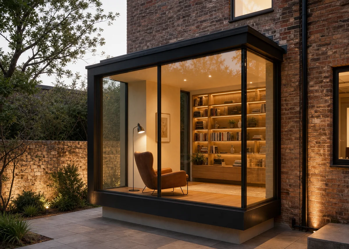 glass house front design: Projecting glass box bay on a brick house facade