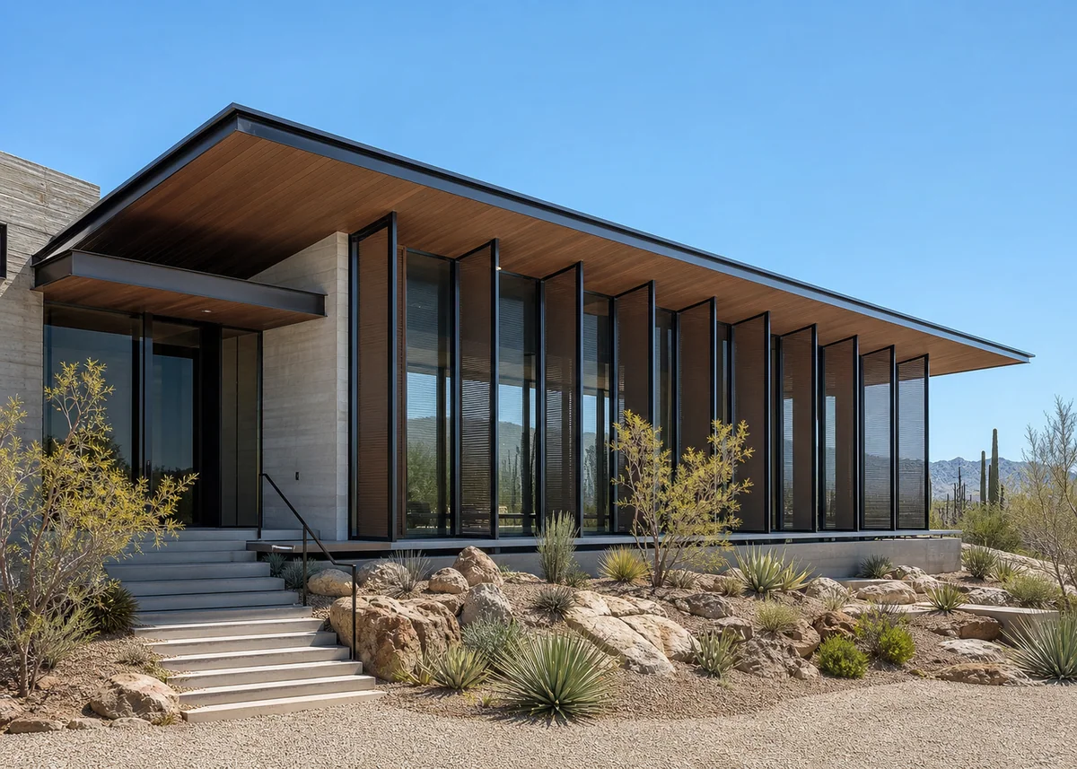 glass house front design: Glass-fronted house with deep overhangs and vertical shading fins