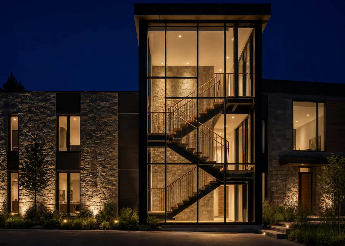 glass house front design: Glass stair tower on a house front with floating timber treads visible