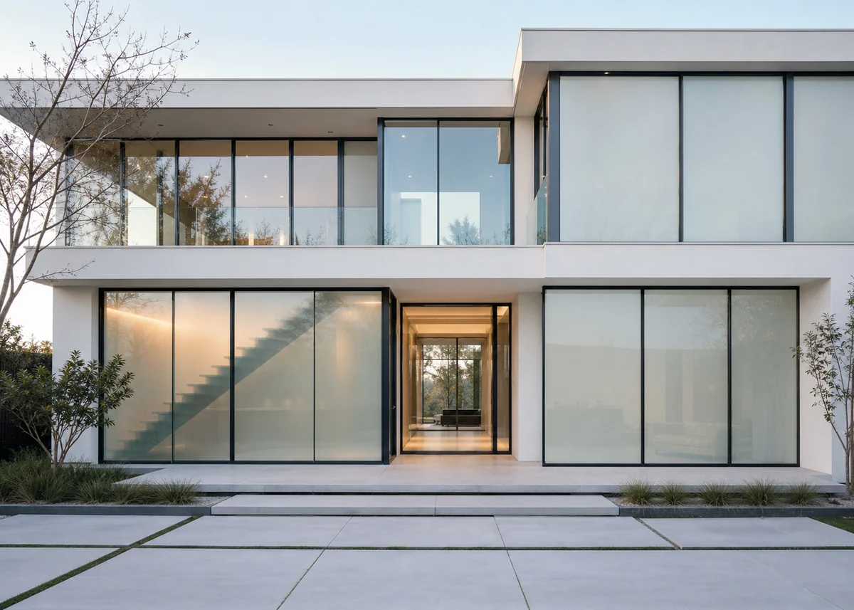 glass house front design: House front with switchable smart glass panels in frosted mode