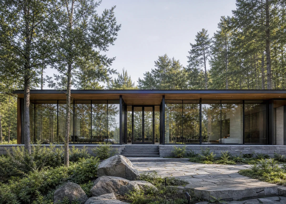 glass house front design: Pavilion-style single-storey glass house reflecting the forest
