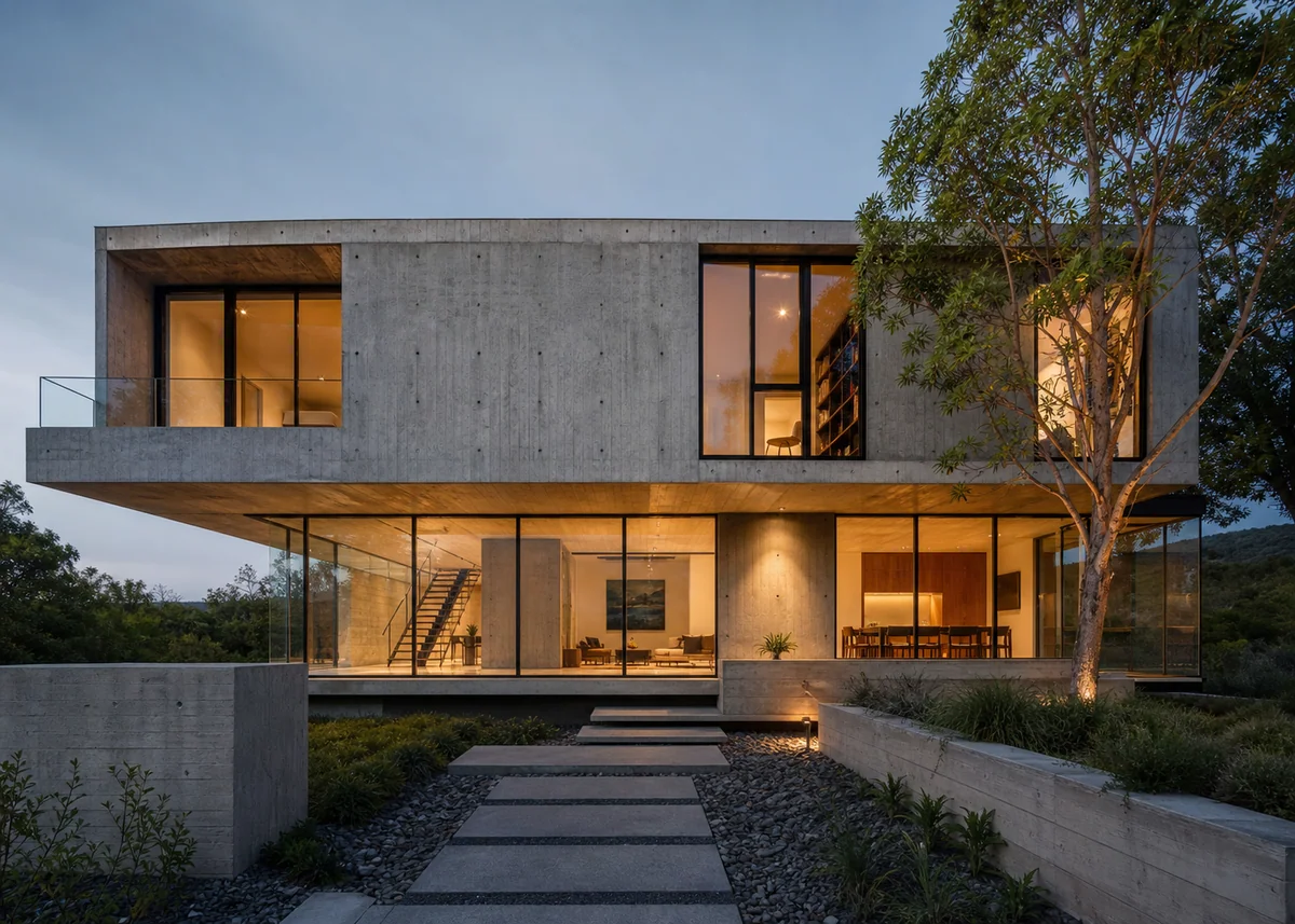 glass house front design: Concrete volume floating above a glass ground floor at dusk