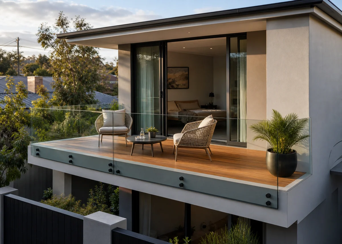 house front balcony design: Deep front balcony with frameless glass railing furnished for sitting