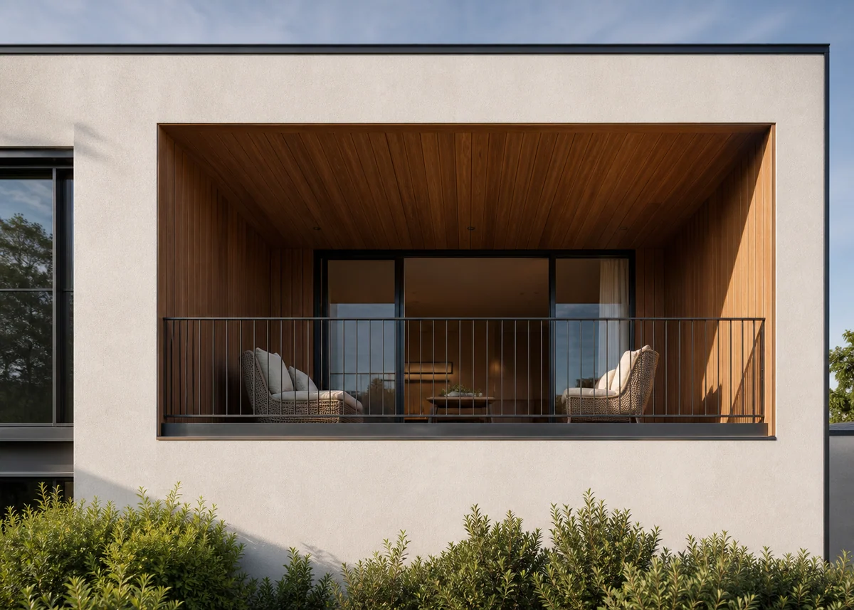 house front balcony design: Recessed balcony lined in timber with deep sheltering shadow