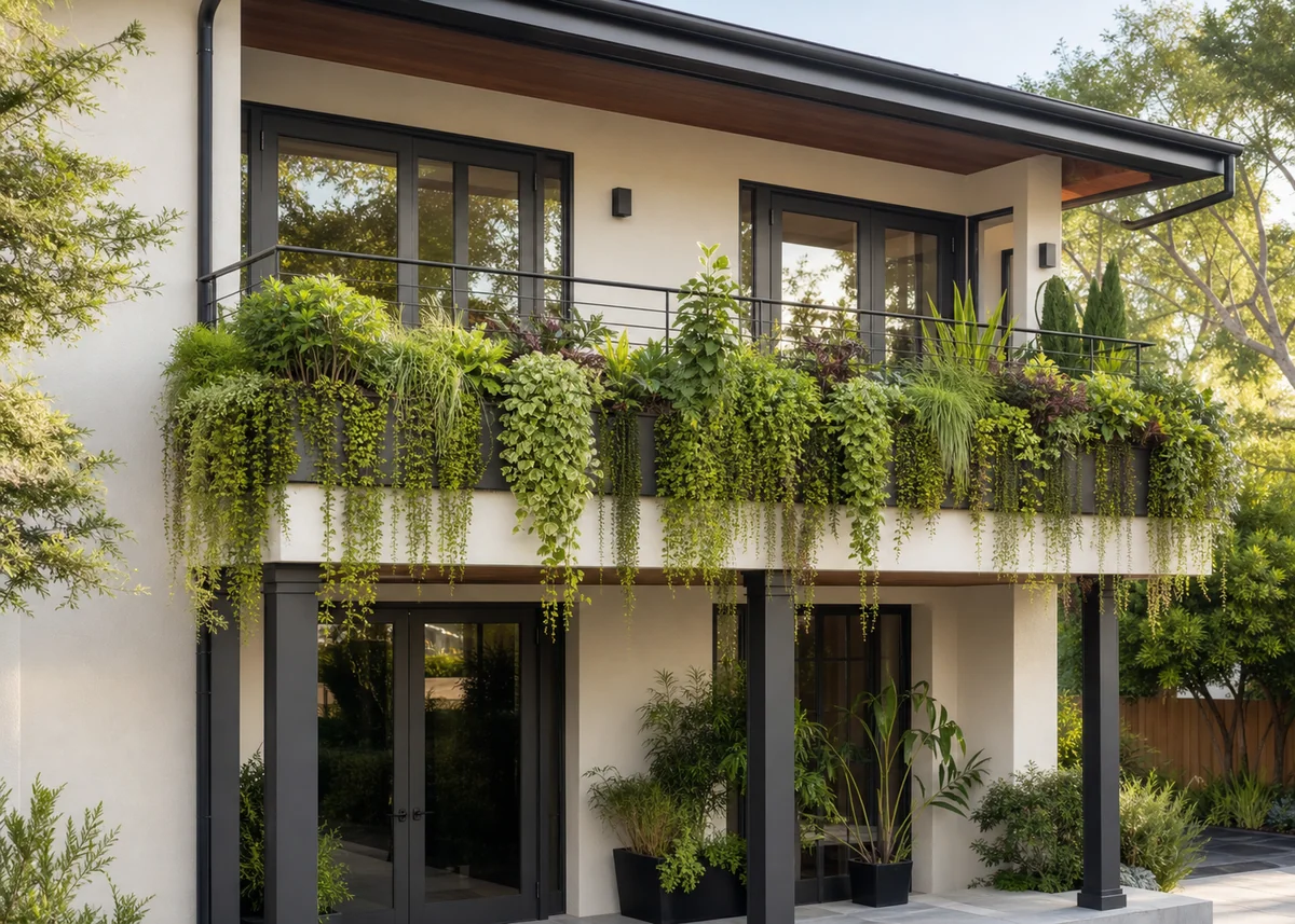 house front balcony design: Balcony with integrated planter trough and cascading greenery