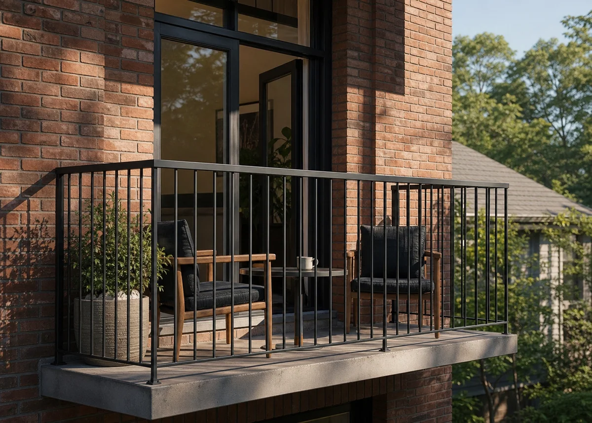 house front balcony design: Balcony with matte black vertical bar railing on brick facade