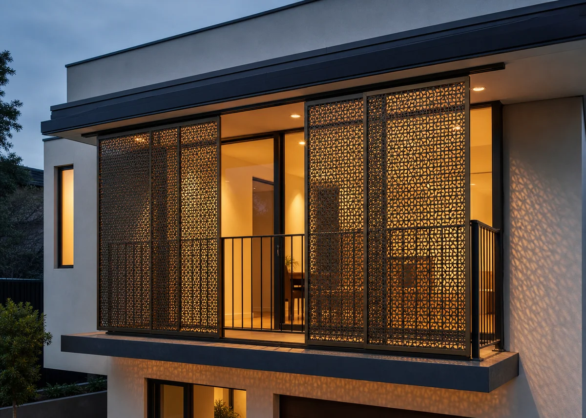 house front balcony design: Balcony screened by laser-cut panels casting patterned shadows