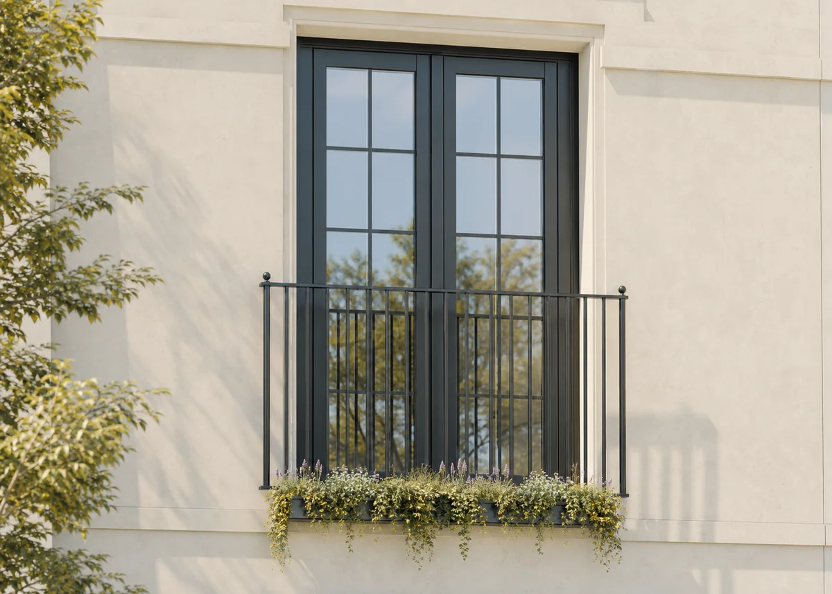 house front balcony design: Juliet balcony with full-height doors and planted trough
