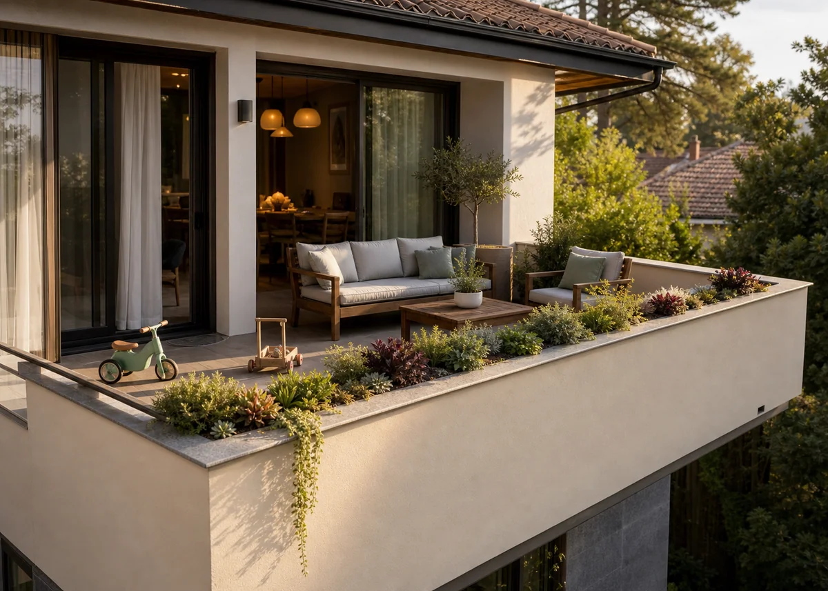 house front balcony design: Family balcony with solid balustrade and planter topper