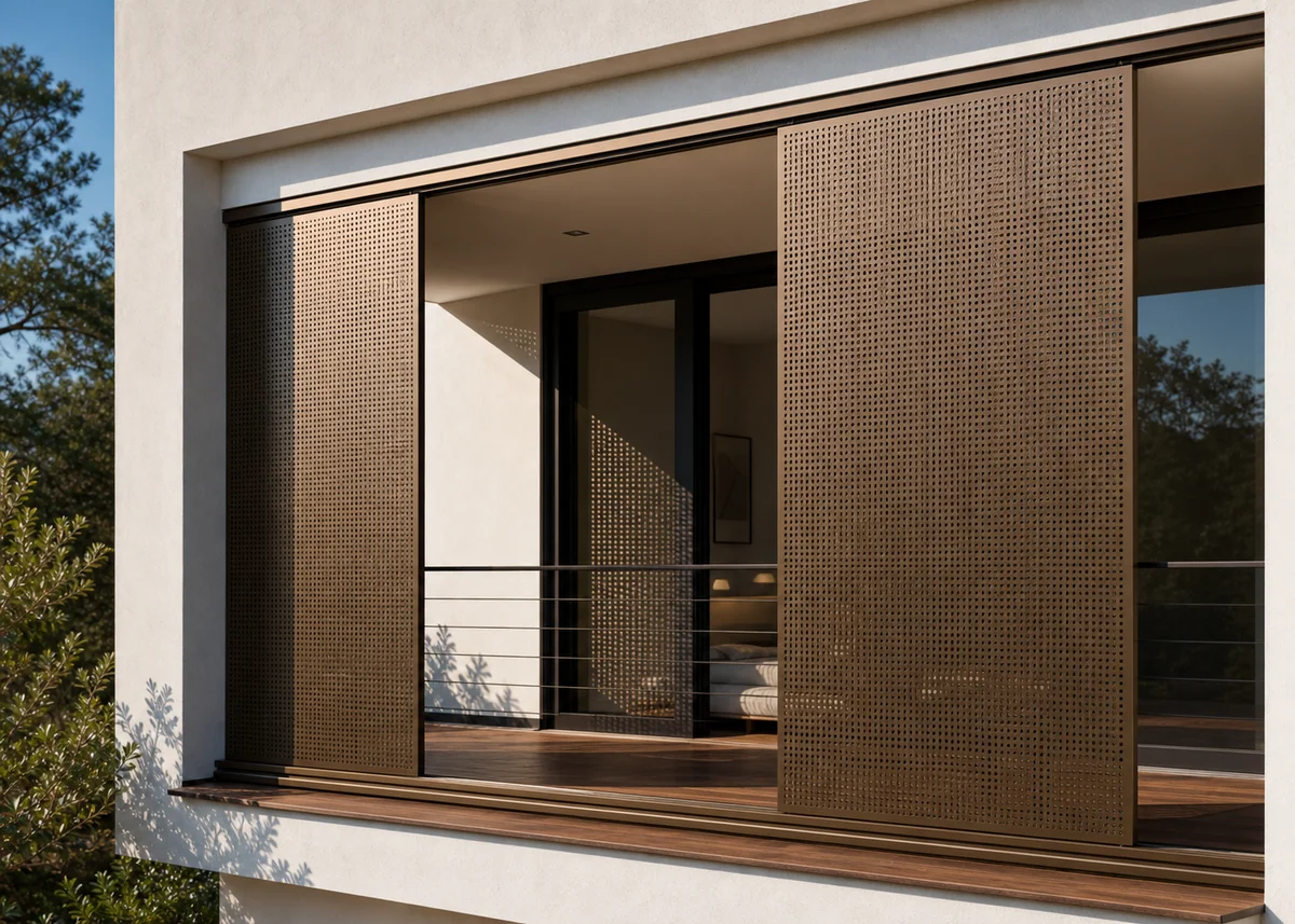 house front balcony design: Balcony with sliding perforated shutters tuning light and privacy