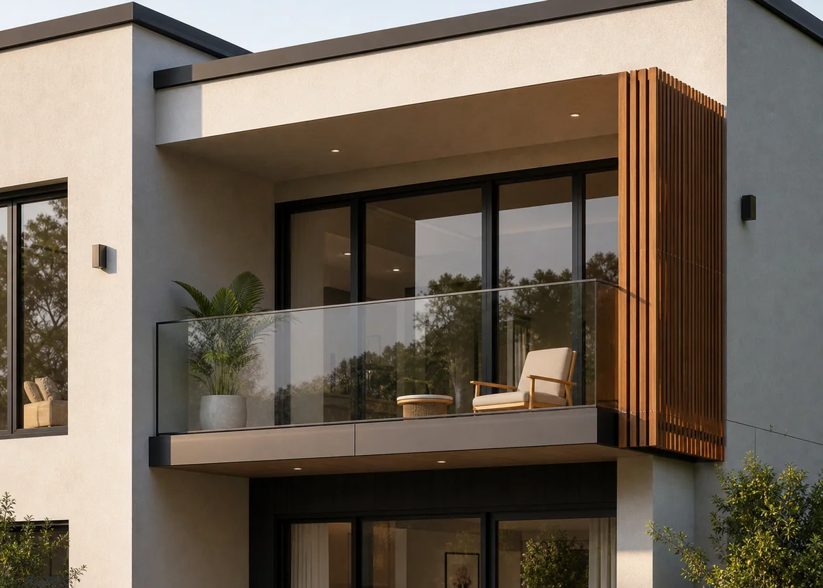house front balcony design: Semi-recessed balcony combining shelter with projection