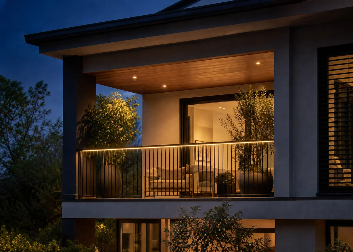 house front balcony design: Balcony at night with concealed handrail lighting and plant silhouettes