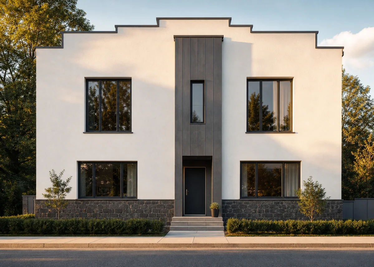 house front elevation design: Modern elevation with three disciplined material bands and stepped parapet