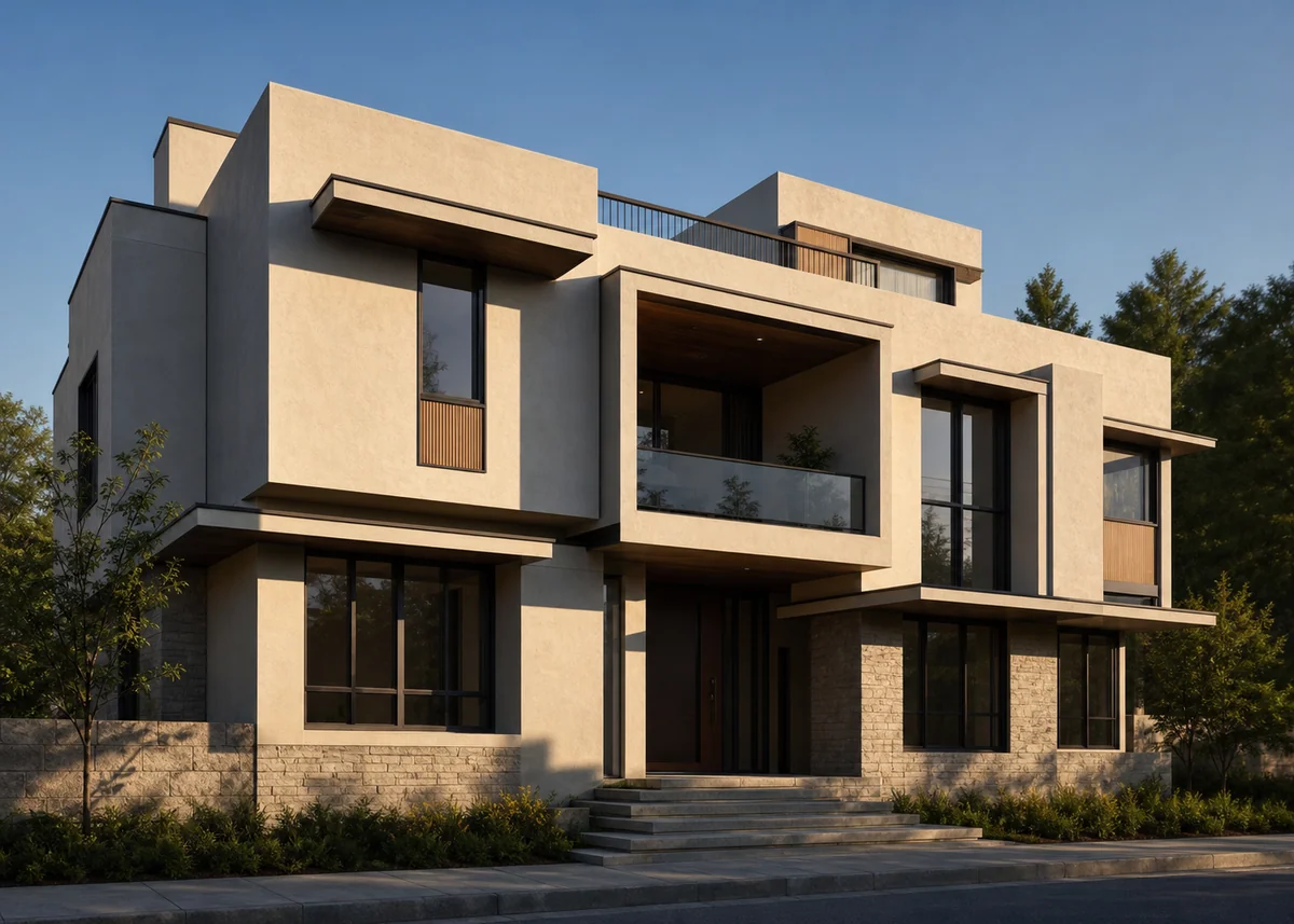 house front elevation design: Elevation with projections and recesses casting deep afternoon shadows