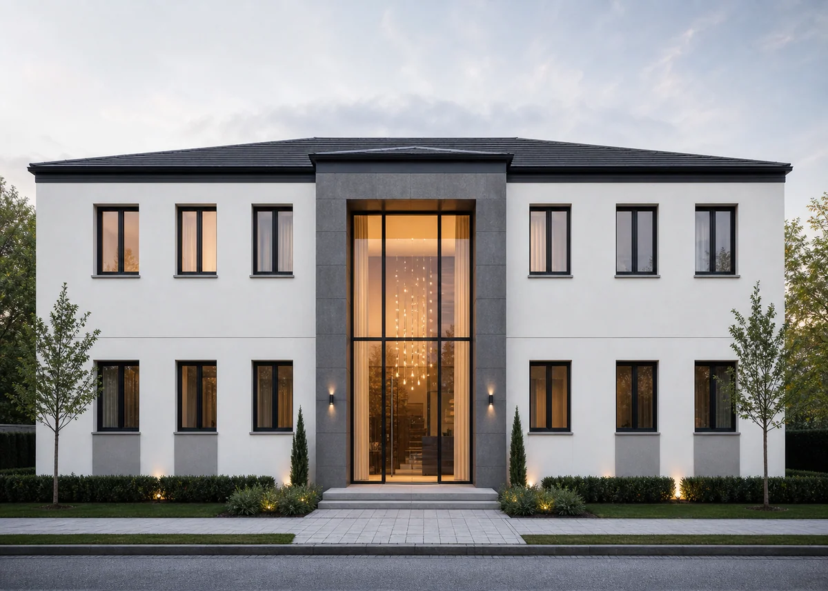 house front elevation design: Elevation with a single double-height glazing event among aligned windows