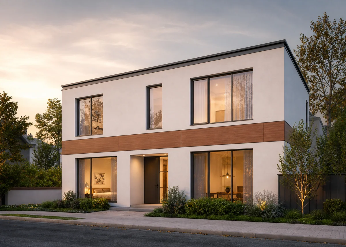 house front elevation design: Elevation with warm wood-look panel band between floors
