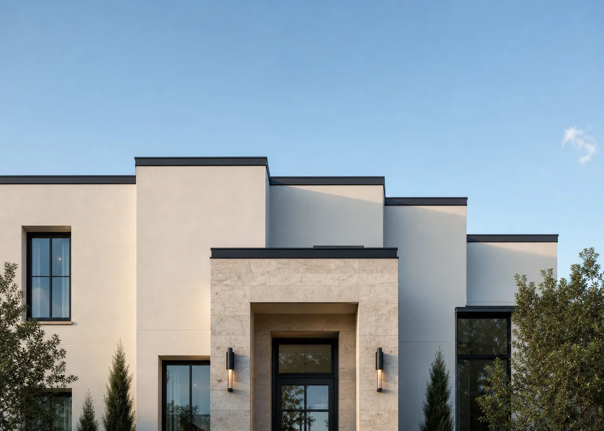house front elevation design: Sculpted stepped parapet with contrast coping against the sky