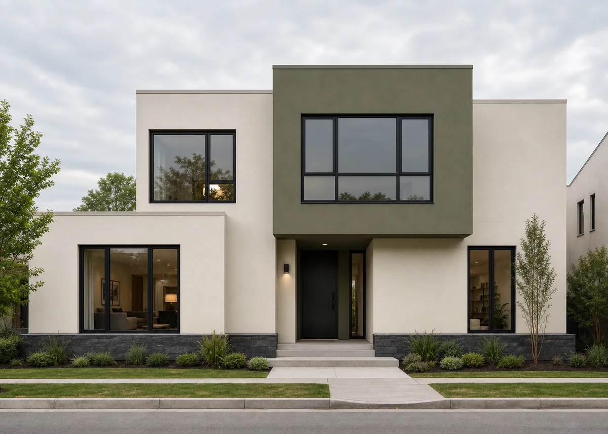 house front elevation design: Elevation demonstrating ivory, olive and charcoal three-role palette