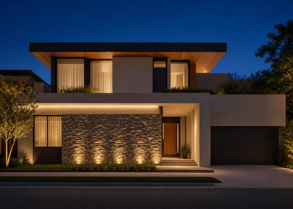 house front elevation design: Elevation at night with grazing, wash and concealed strip lighting