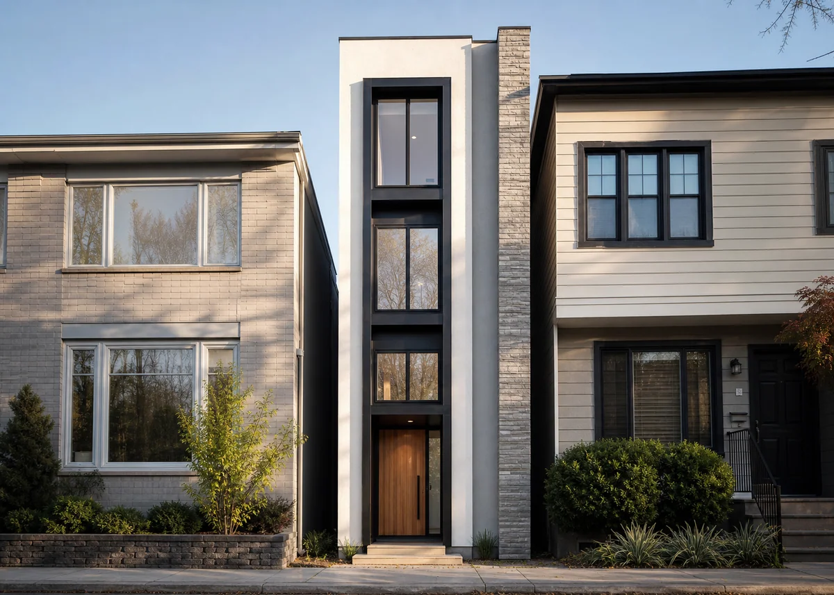 house front elevation design: Narrow plot elevation with vertical stone band and stacked windows