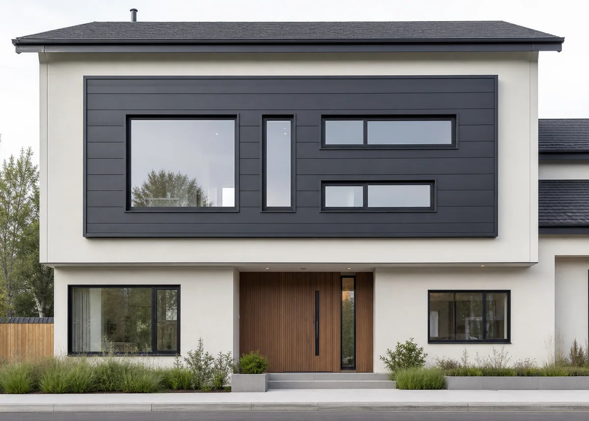 house front elevation design: Scattered windows unified within a single framed cladding panel