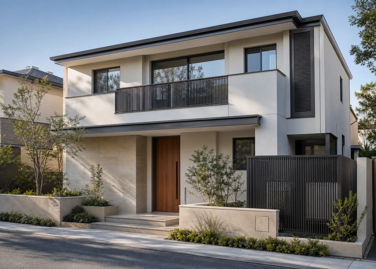 house front elevation design: Clean elevation with concealed downpipes, AC screens and flush meters