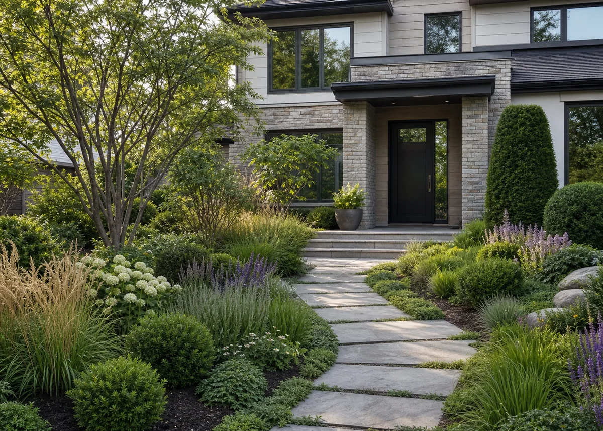 house front garden design: Layered front garden with tree, evergreen structure and stone path