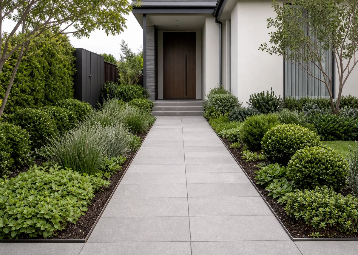 house front garden design: Wide paver path with steel-edged planting beds leading to the door