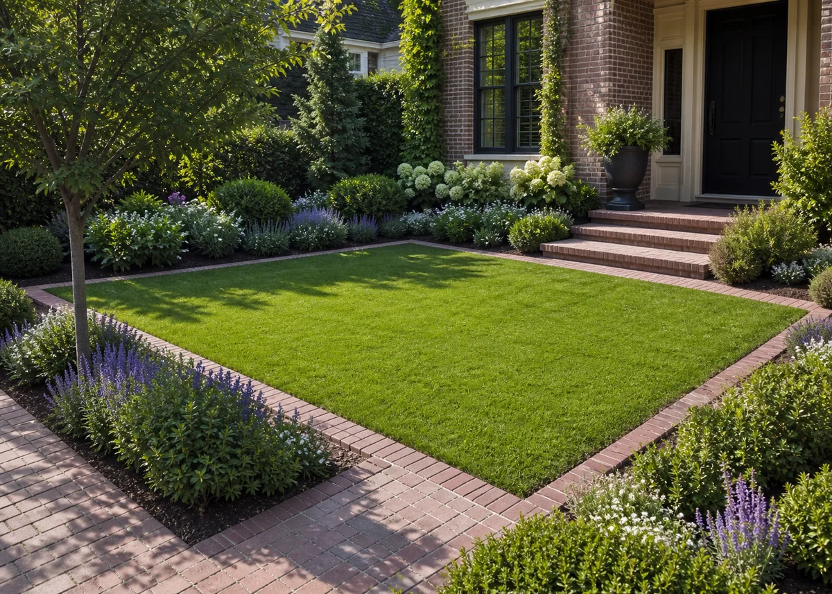 house front garden design: Small sharply edged lawn framed by layered planting beds