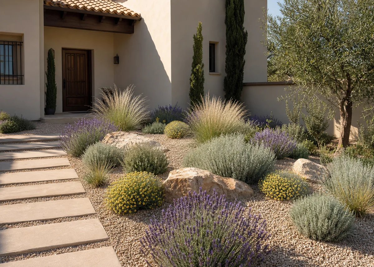 house front garden design: Lawn-free gravel front garden with Mediterranean planting drifts