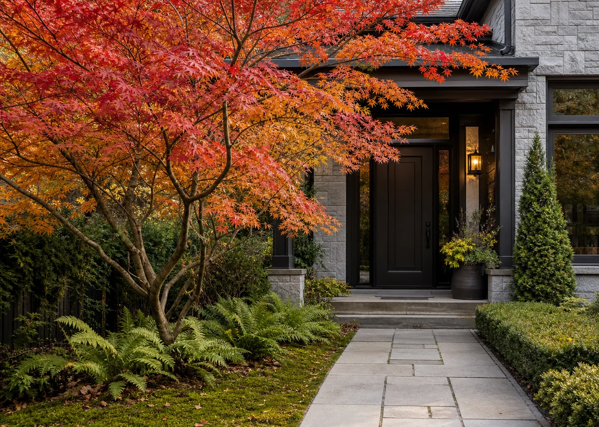 house front garden design: Off-centre Japanese maple framing the entrance in autumn colour