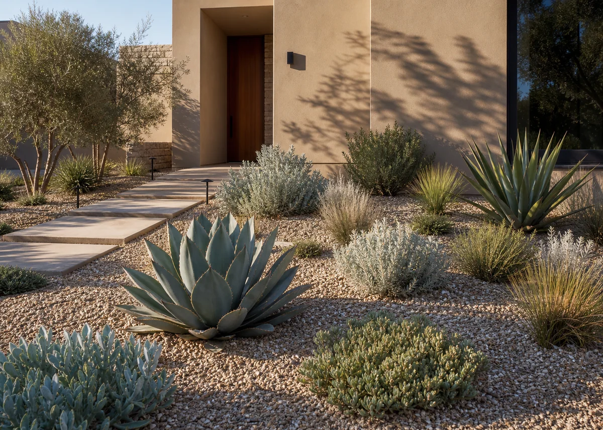 house front garden design: Dry-climate front garden with sculptural agaves and silver foliage