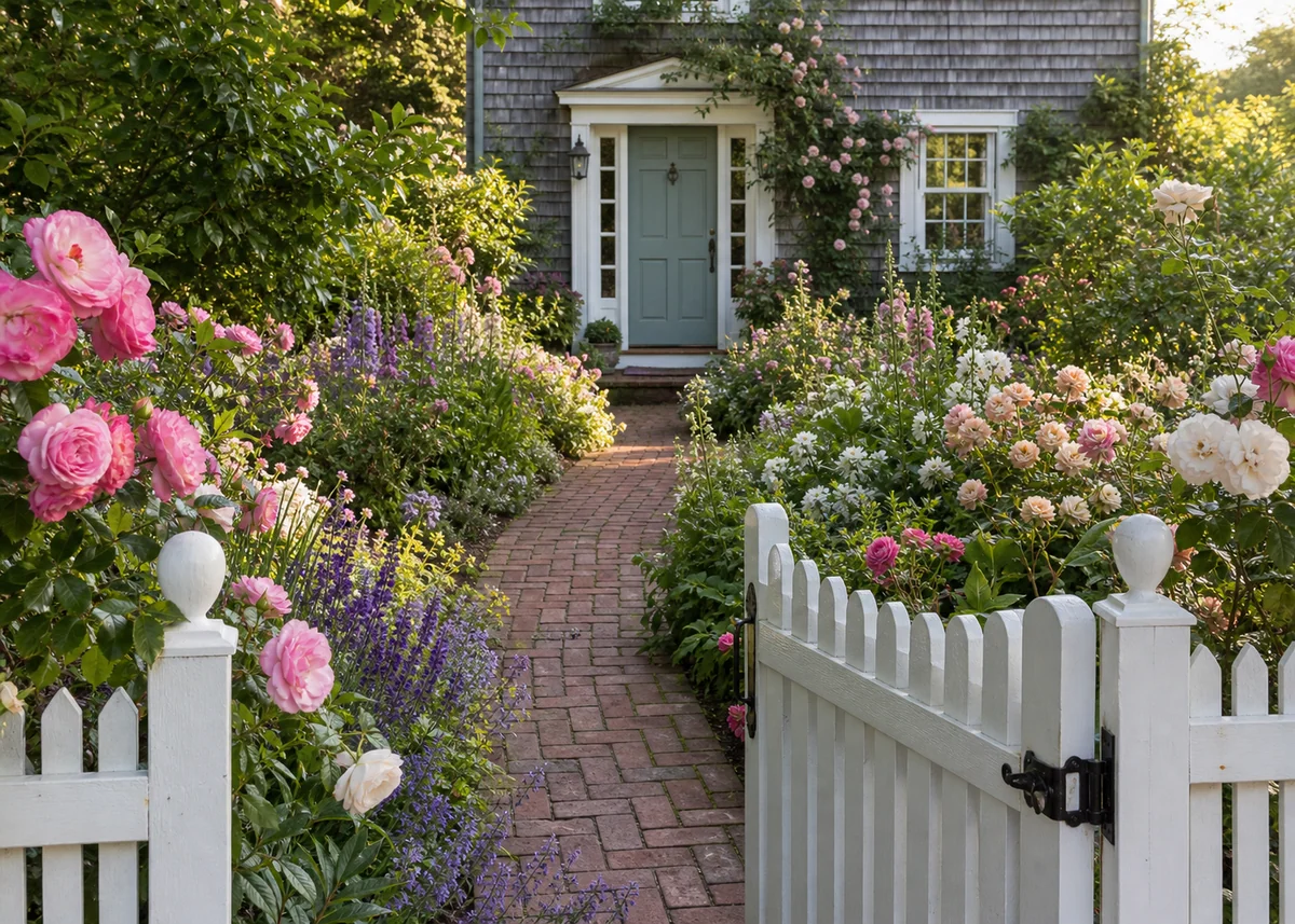 house front garden design: Cottage front garden with flowering borders along a brick path