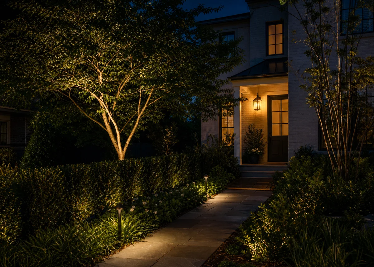 house front garden design: Front garden at night with tree uplight and shielded path lights
