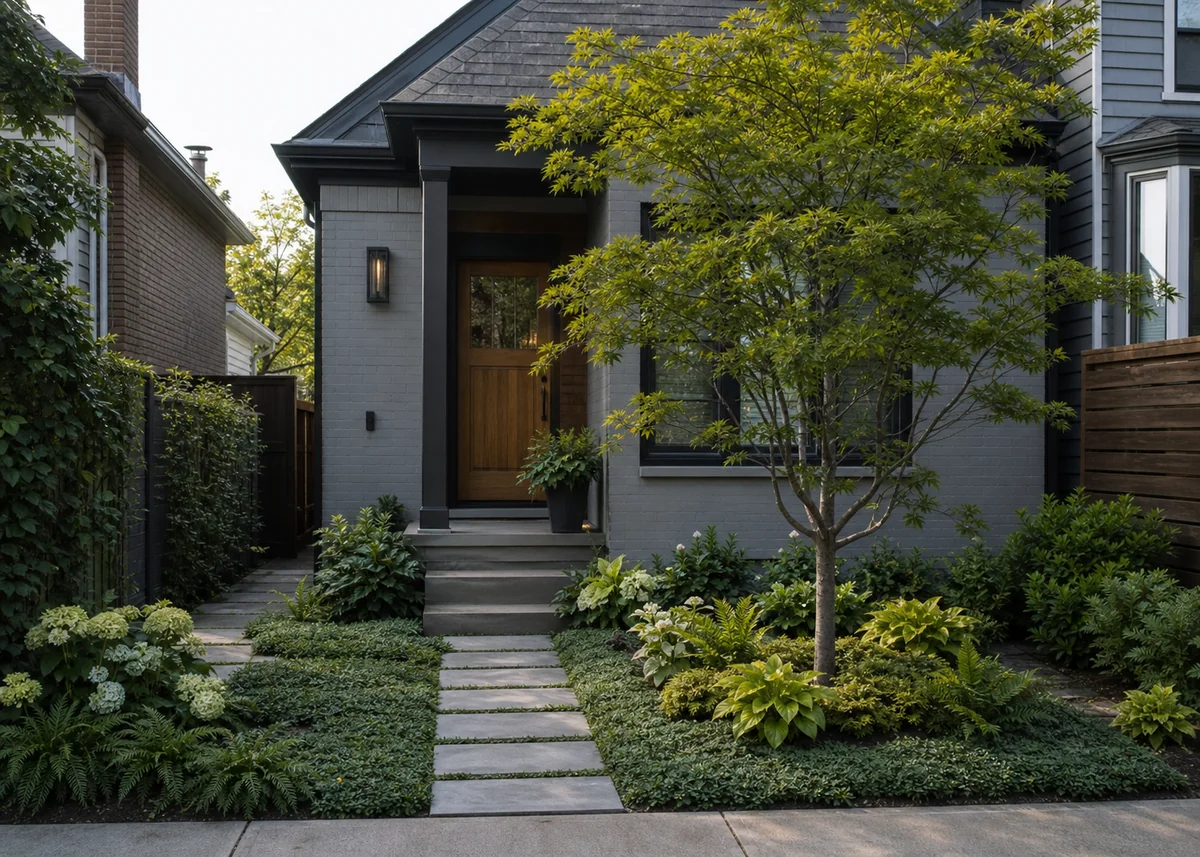 house front garden design: Narrow front garden with groundcover, steppers and one scaled tree