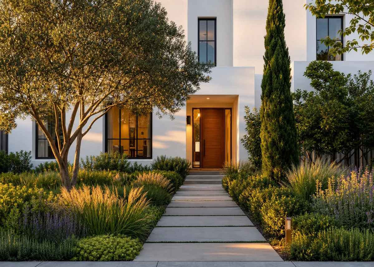 house front garden design: Layered front garden framing a modern facade at golden hour
