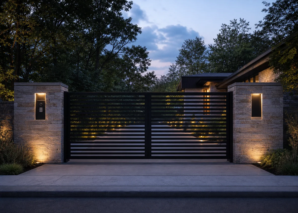 house front gate design: Matte black horizontal slat gate with stone piers and lit number